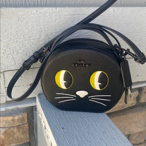 Coach Black Leather Cat Motif Round Crossbody with Yellow Eye Accents - Picture 5 of 11